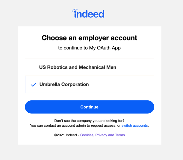 Indeed Employer Selection Screen