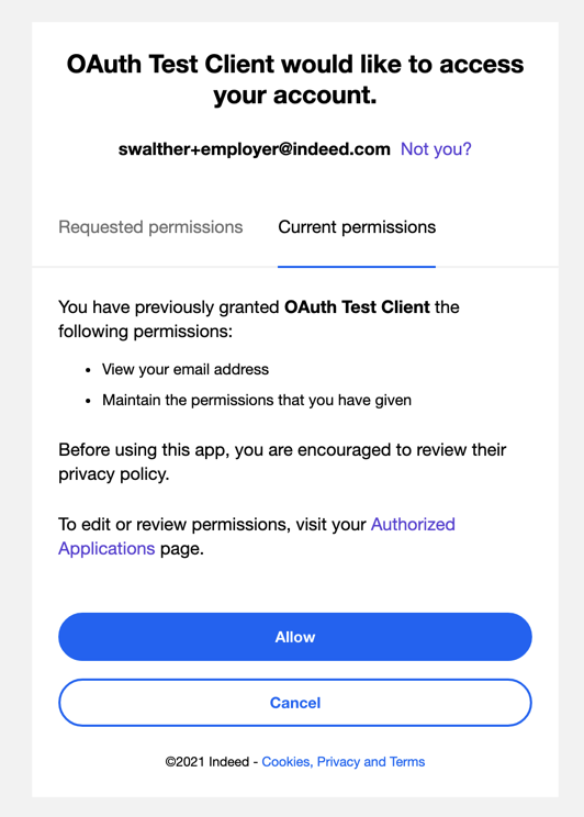 OAuth consent screen. Current permissions tab.