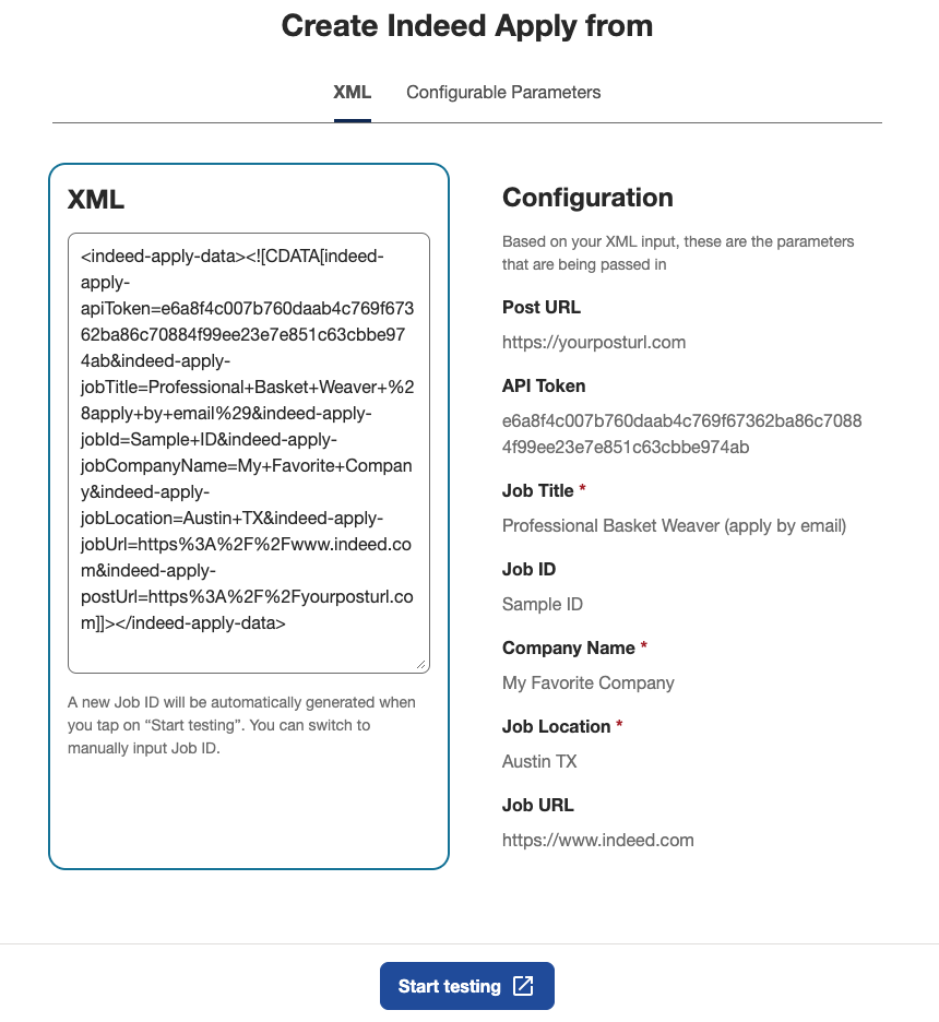 Screenshot of Apply XML Configuration Testing Tool - XML Tab