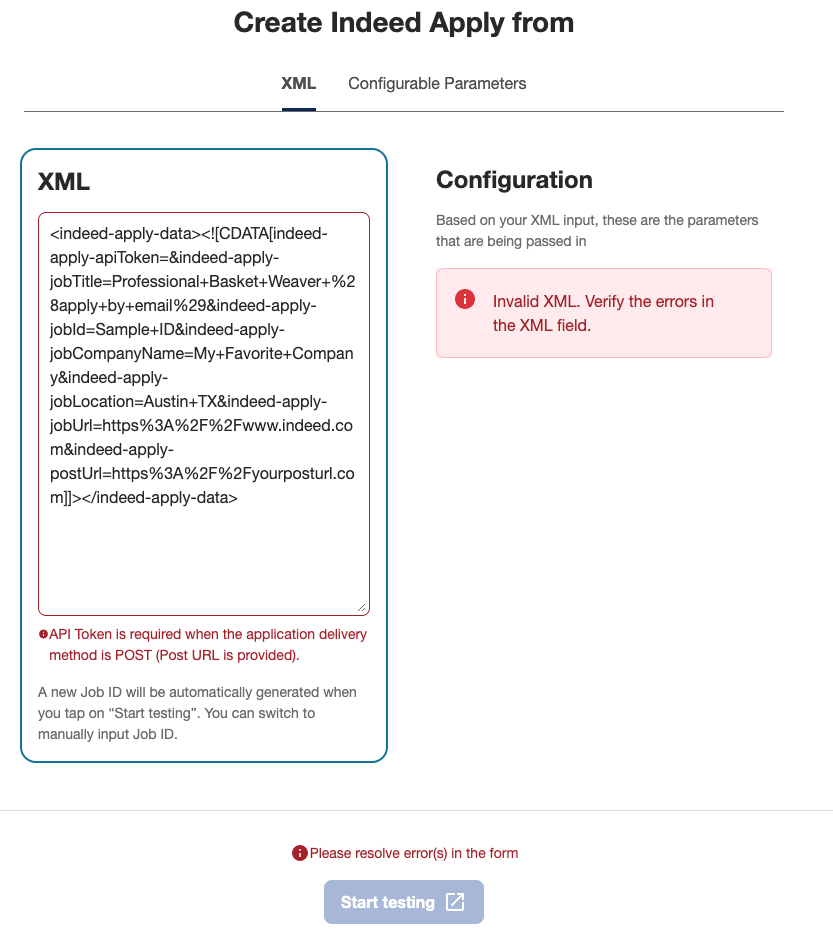 Screenshot of Example: Missing Parameter Error