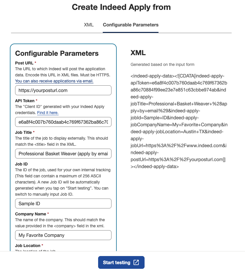 Screenshot of Apply XML Configuration Testing Tool - Configurable Parameters Tab